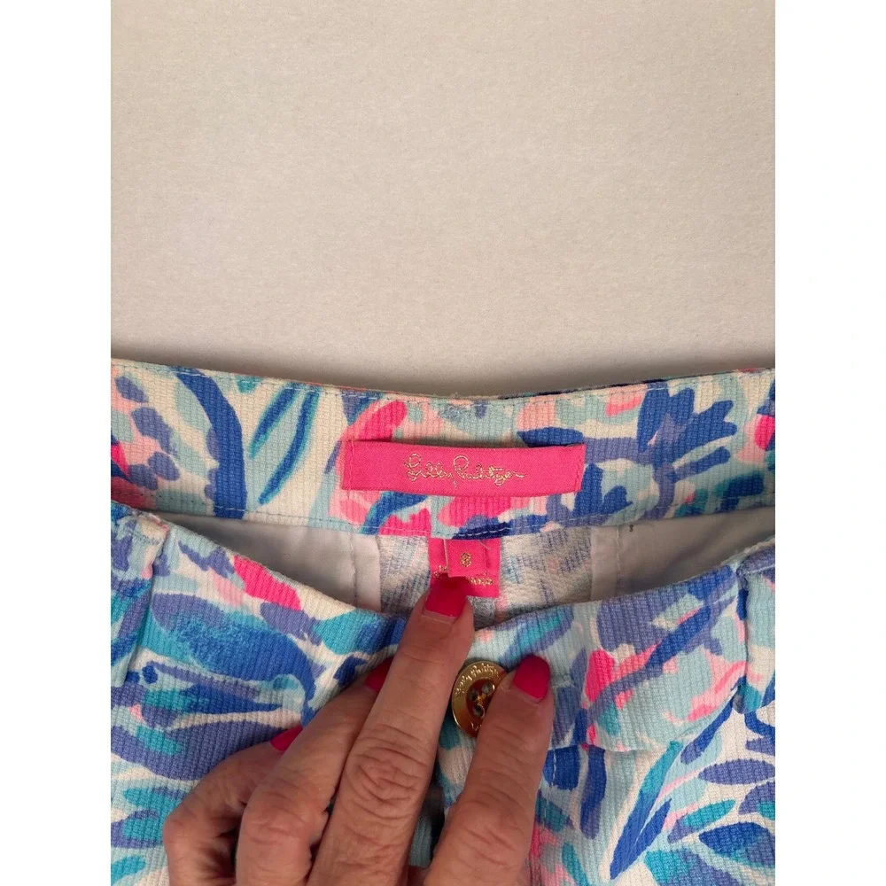 Lilly Pulitzer Callahan Shorts Womens 8 Blue Pink Floral Eyelet Trim Cotton 5in‎
